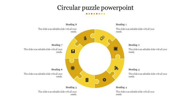 Circular puzzle template with eight labeled segments in yellow, showcasing technology related icons and placeholder text.