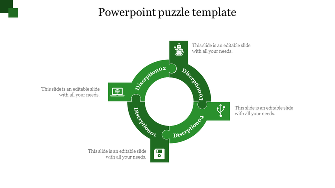 Green circular puzzle diagram with four puzzle pieces extending outward, each containing an icon and placeholder text.