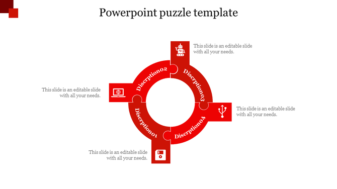 Puzzle template with a red circular design, four labeled sections, and white icons for business and technology concepts.
