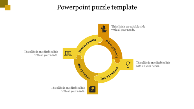 Circular puzzle diagram in yellow, with four sections containing icons and descriptions, forming a loop.