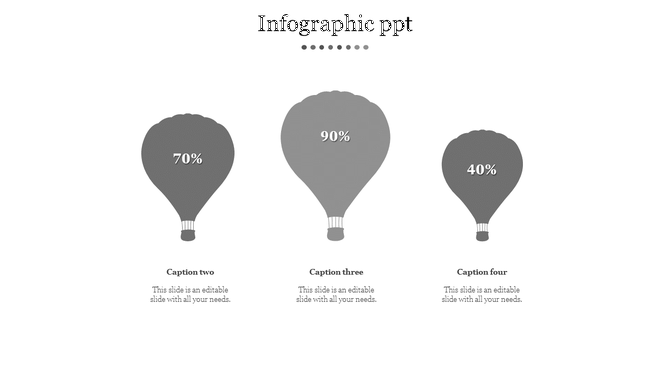 Infographic PowerPoint template with three gray hot air balloons displaying percentages with captions.