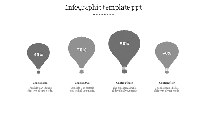 Balloon chart infographic with four hot air balloons of different sizes, each displaying a percentage, aligned horizontally.