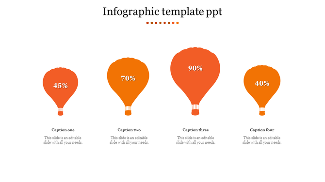 Infographic PowerPoint template featuring four orange hot air balloons, each representing percentages with captions.