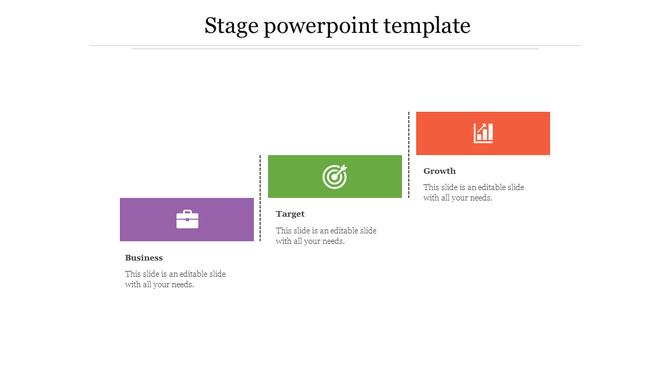 Stage diagram with purple, green, and orange blocks in an ascending layout, labeled business, target, and growth.