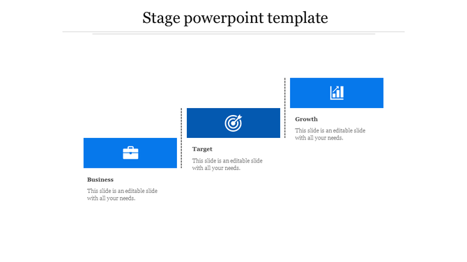 Three-stage process template with blue icons for business, target, and growth, arranged sequentially.