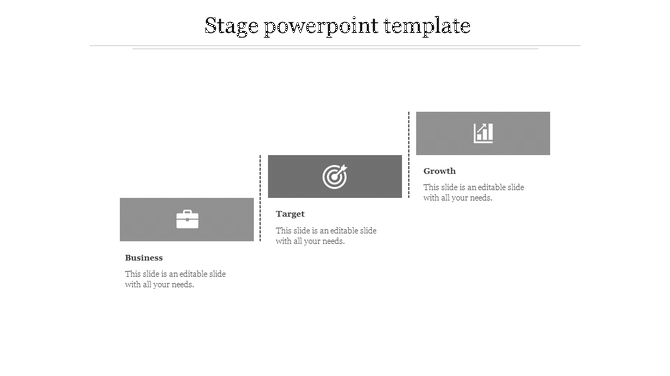 Stage themed PowerPoint slide with sections labeled from business to growth each accompanied by icons and text.
