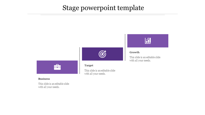 Three stacked purple boxes, each featuring an icon and text, progressing for stage from business to growth.