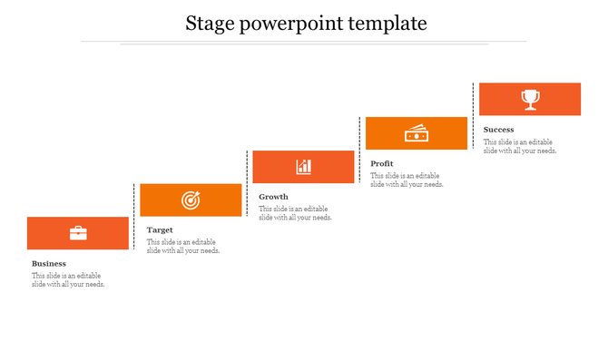 Five stage process slide with an upward staircase design, featuring orange segments, each with icons and text.