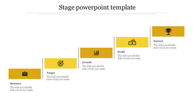 Stage PPT slide showing five sections business, target, growth, profit, and success, each with relevant yellow icons.