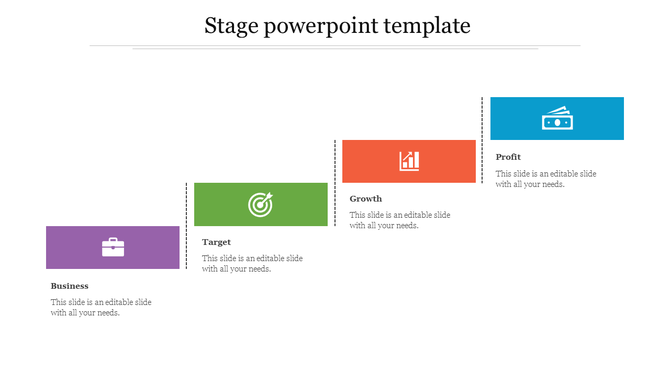 Horizontal process diagram featuring four colorful stages with icons for business, target, growth, and profit.