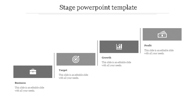 Stage template with four gray rectangular sections containing icons, arranged in a row, with captions beneath each.