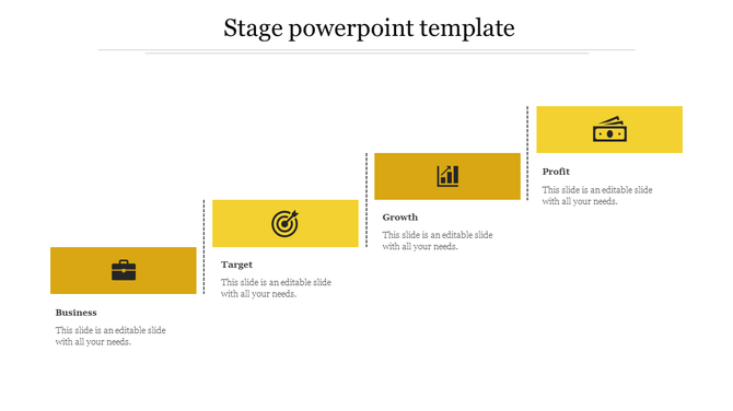 Stage diagram with yellow rectangular blocks arranged in an ascending layout, labeled business, target, growth, and profit.