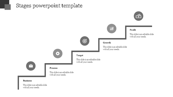 Grayscale stepwise diagram showing business progression with circular icons representing each stage along the path.