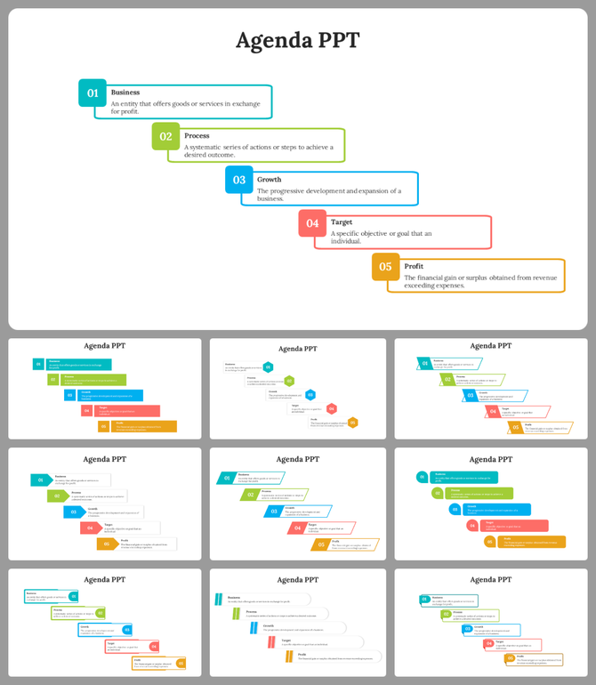 Agenda slide deck with colorful, step based layouts featuring numbered sections for business concepts.