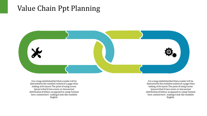 Two colorful chain links connected, representing value chain planning with icons along with placeholder text.