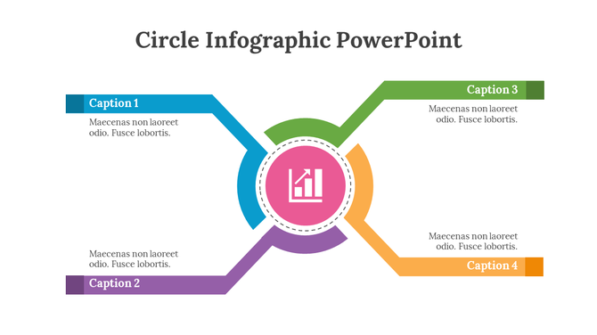 Circle diagram with a icon showing a graph and four arms in blue, purple, green, and orange, each with a caption areas.