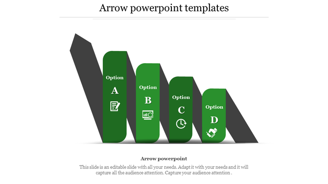 PowerPoint slide showing four options arranged in an arrow shaped design, with green icons with placeholder text.