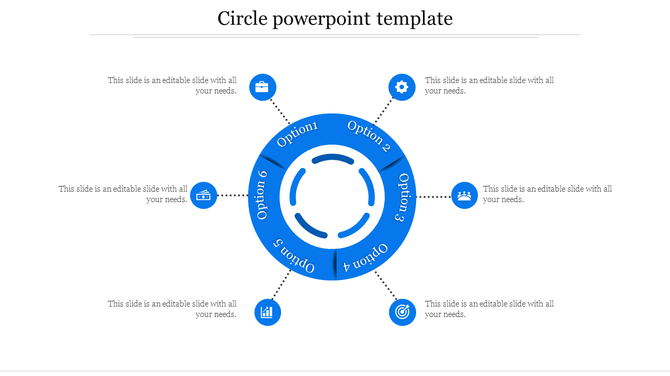 Six step blue circular diagram with labeled options linked to surrounding icons representing business concepts. 