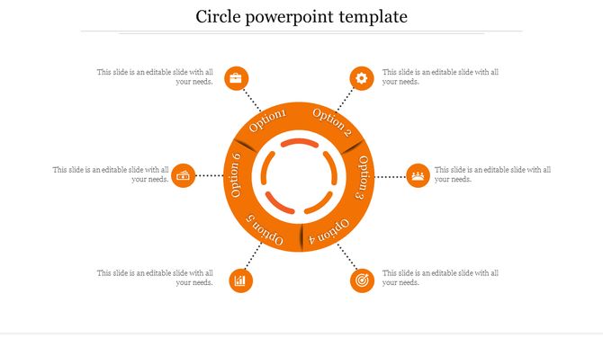 Orange circular layout with six sections, each labeled with an option and connected by dotted lines.