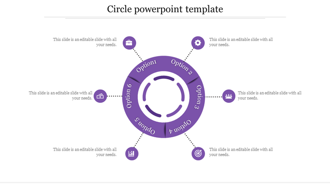 Purple circle shaped infographic with six labeled options connected by dotted lines to surrounding business icons.