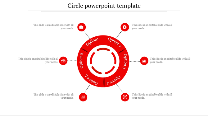 Red circle PPT slide with options arranged around a central circle, each labeled Option 1 through Option 6 and icons.