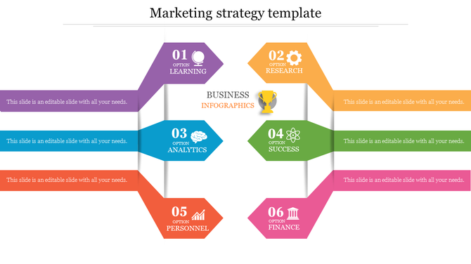 Marketing strategy template with six color coded steps for business development with icons and placeholder text.