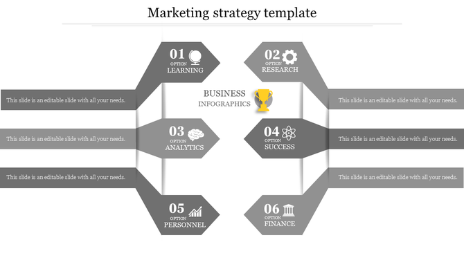 Hexagonal infographic with six labeled steps, such as learning and research, surrounding a central business trophy graphic.