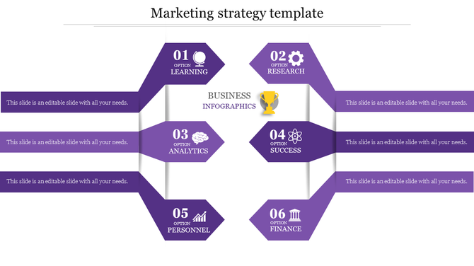 Hexagonal marketing strategy infographic with six labeled options linked to side placeholde text areas bars.