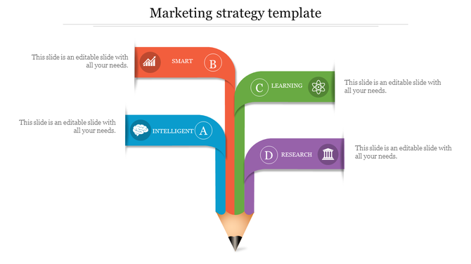 Pencil graphic with four branching labels in red, green, blue, and purple, each containing icons and text.