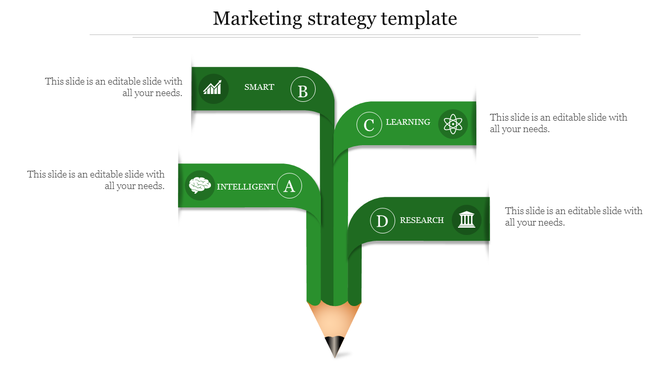Marketing strategy infographic emerging from a pencil tip, with four labeled steps and icons linked to side text areas. 