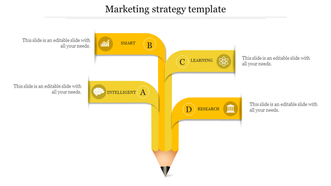 Marketing strategy PPT slide showing four options from Smart to Research, each with icons and yellow pencil shaped flow.
