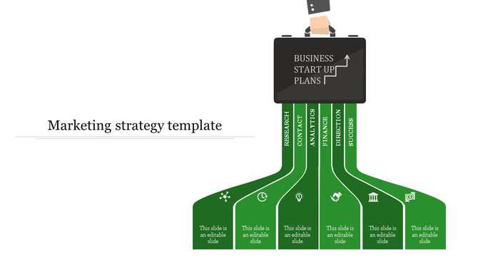 Marketing strategy template with six green steps connected to a briefcase symbolizing business plans.