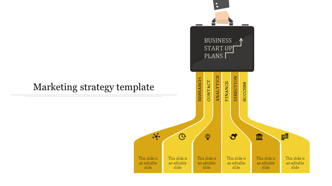 Business startup infographic with a black briefcase at the top, six yellow curved pathways below, and labeled business steps.