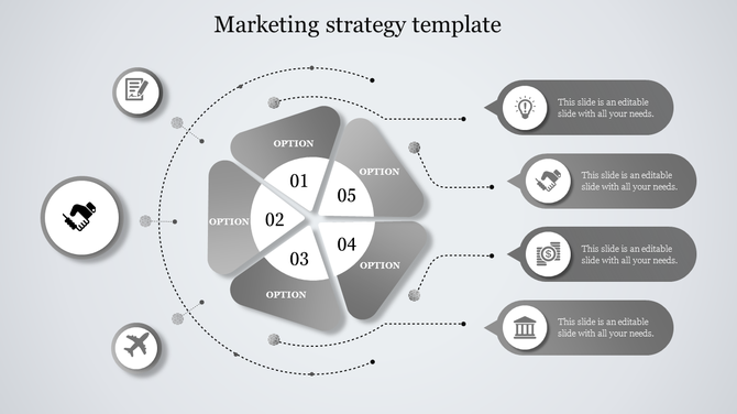 Grayscale marketing strategy slide with a radial five option layout, featuring icons, and dotted connectors.