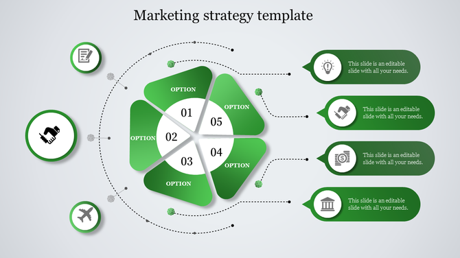 Marketing strategy infographic with five triangular segments in a circular layout, linked to icons and green text bubbles.