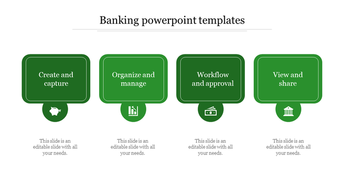 Illustrative slide for banking tasks featuring piggy bank, graphs, and institution icons each with a caption areas.