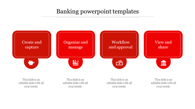 Banking template with four red speech bubble shaped boxes, each linked to an icon and a descriptive text section.