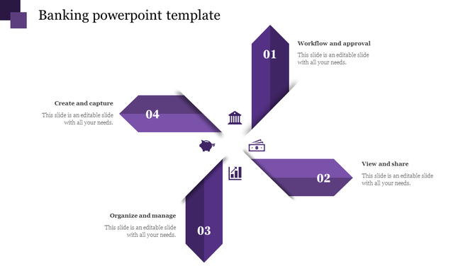 Banking slide featuring a four way arrow design in shades of purple, with numbers, text and icons on each side.