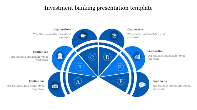 A semi circle layout with six blue segments, each containing an icon and a label, surrounded by captions.