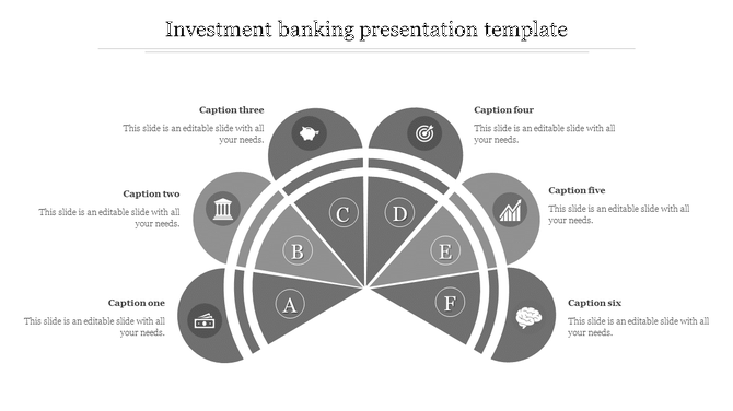 Investment banking presentation template with six sections, each represented by grey icons with captions.