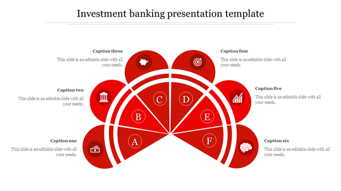 Investment banking template with a semi-circular diagram featuring six labeled sections with icons and caption areas.