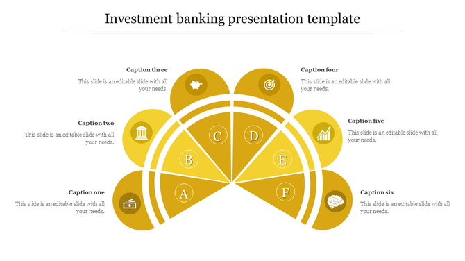 Investment banking PowerPoint template with a circular design and icons representing various financial topics.