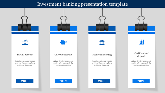 Blue and white themed banking slide with four hanging clipboard style sections, each labeled with an icon and year.