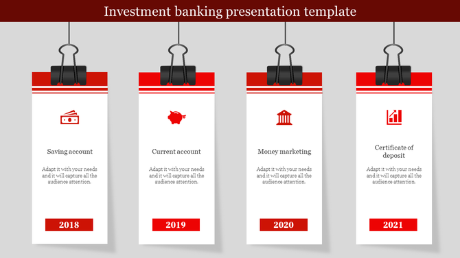 Four vertical white cards with red icons and headers, each held by a black binder clip, representing banking options.