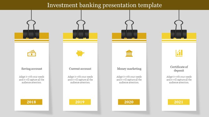 Investment banking slide showcasing savings, current accounts, money marketing, and certificates of deposit with timelines.