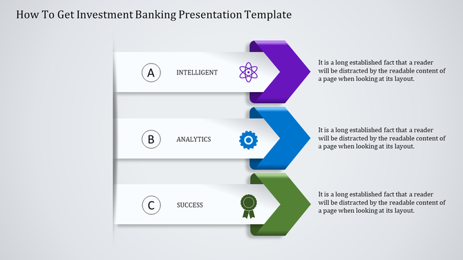 Investment banking PowerPoint slide with arrows labeled A, B, and C Intelligent, Analytics, and Success with icons and text.
