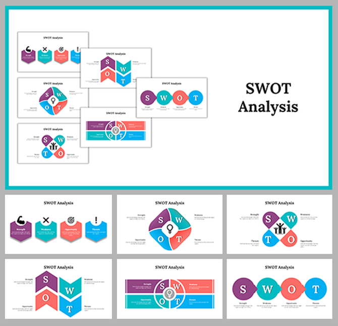 A set of SWOT analysis slides showcasing various designs and color schemes to highlight from strengths to threats.