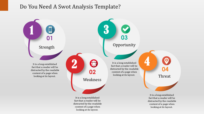 SWOT analysis template with four numbered sections in purple, red, green, and orange, highlighting key factors.