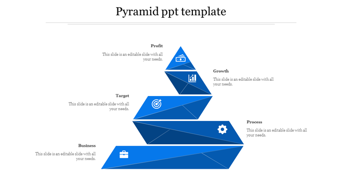 3D pyramid with five labeled blue segments, each containing an icon, with captions areas placed on either side.