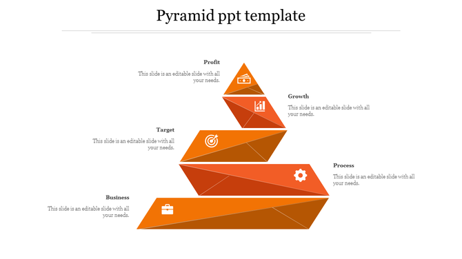 3D pyramid with five labeled orange segments, each containing an icon, with captions areas placed on either side.